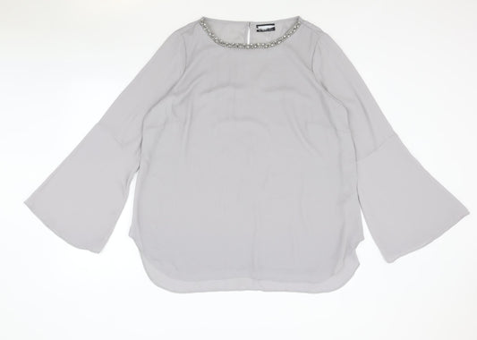 Preworn Womens Grey Polyester Basic Blouse Size L Boat Neck - Flute Sleeve