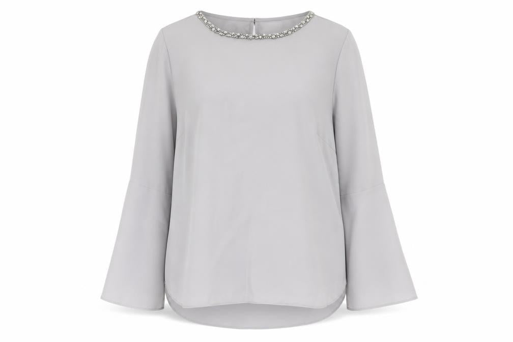 Preworn Womens Grey Polyester Basic Blouse Size L Boat Neck - Flute Sleeve