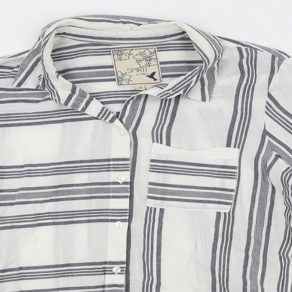 M&Co Womens Grey Striped Cotton Basic Button-Up Size 10 Collared