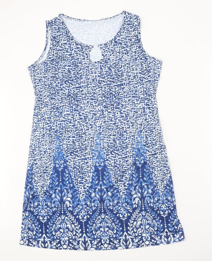Womens Blue Geometric Polyester Shift Size L Round Neck Pullover - Ring Detail