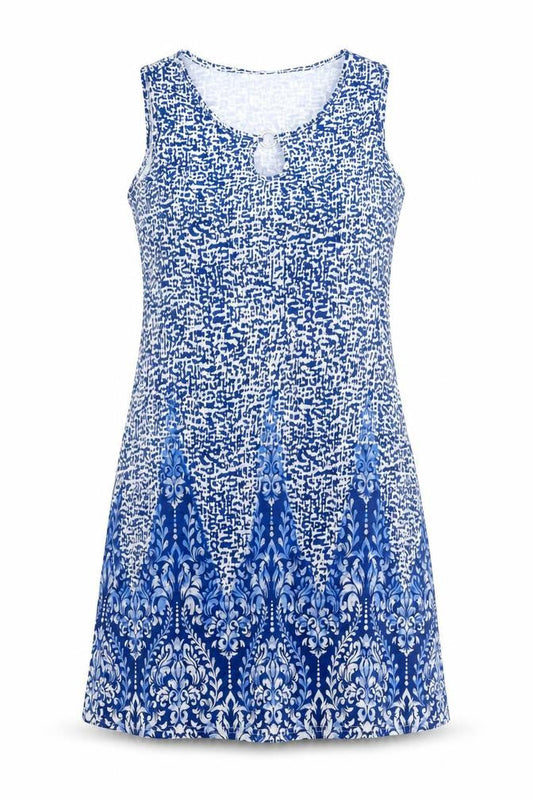 Preworn Womens Blue Geometric Polyester Shift Size L Round Neck Pullover - Ring Detail
