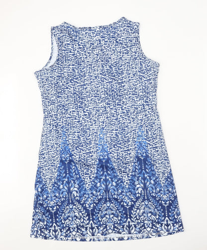 Womens Blue Geometric Polyester Shift Size L Round Neck Pullover - Ring Detail