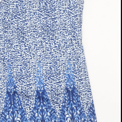 Womens Blue Geometric Polyester Shift Size L Round Neck Pullover - Ring Detail