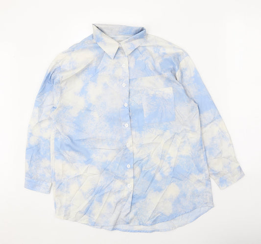 Dazy Womens Blue Geometric Cotton Basic Button-Up Size S V-Neck