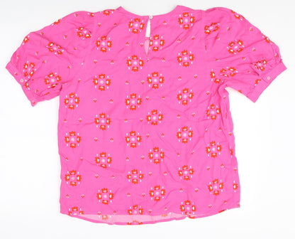 Marks & Spencer Womens Pink Geometric Viscose Basic Blouse Size 12 Round Neck