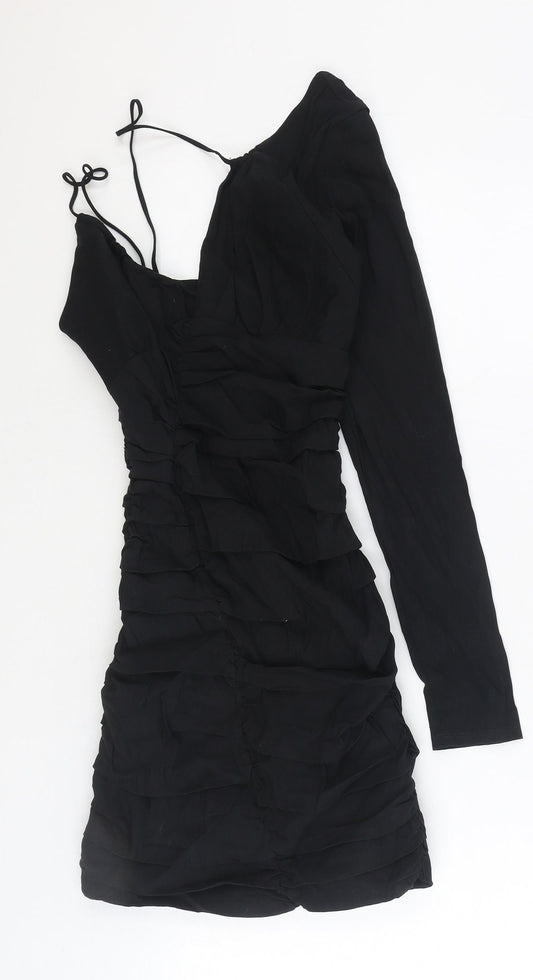 Zara Womens Black Linen Mini Size XS One Shoulder Zip
