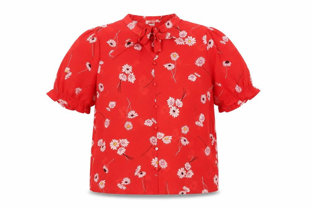 Pimkie Womens Red Floral Polyester Basic Blouse Size 8 Round Neck