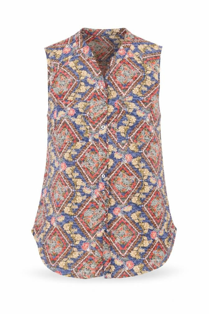 Per Una Womens Blue Geometric Polyester Basic Button-Up Size 10 Round Neck