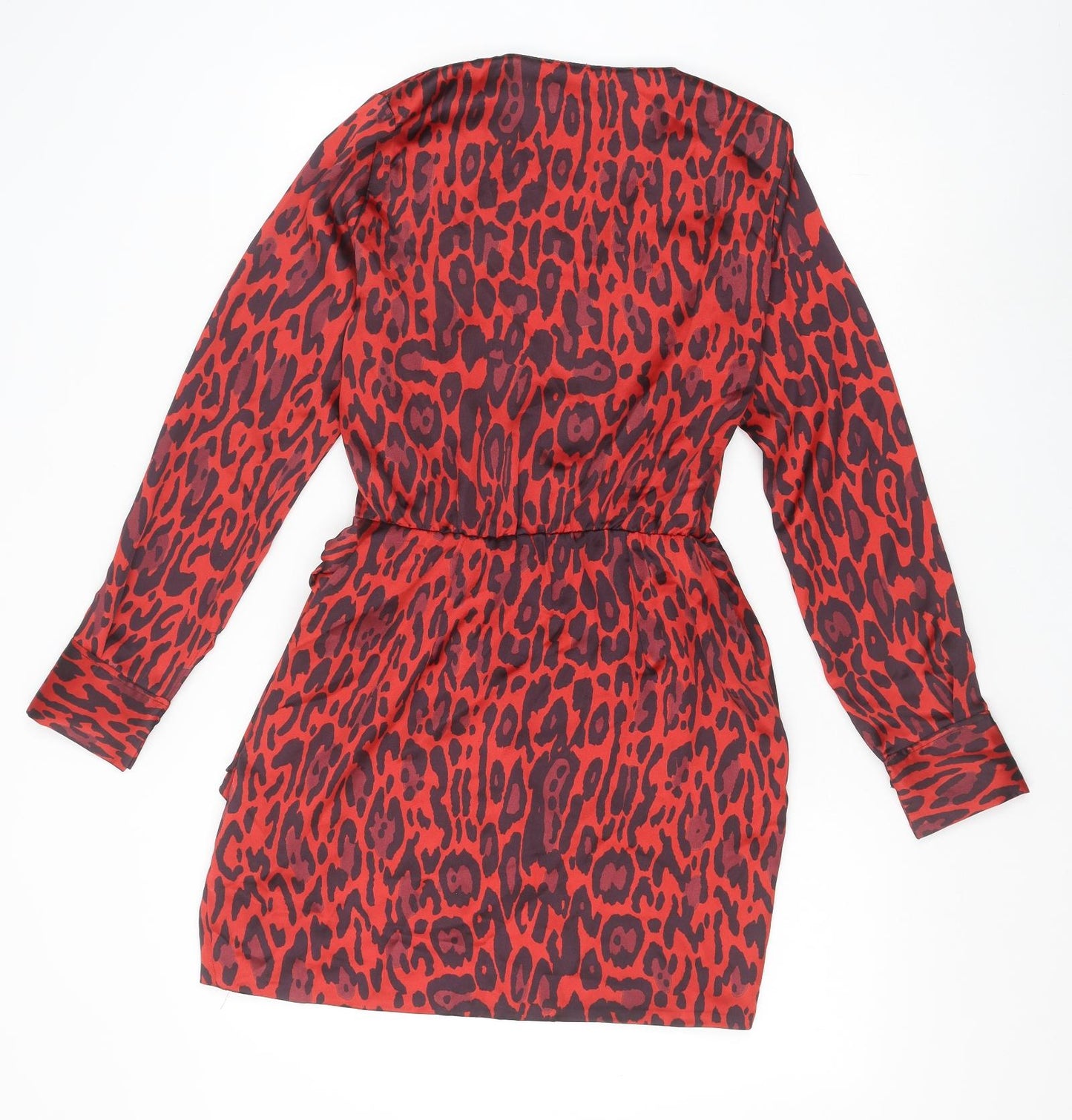 Zara Womens Red Animal Print Polyester Shift Size XS V-Neck Tie - Leopard Print