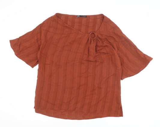 Zara Womens Brown Polyester Basic T-Shirt Size S Round Neck