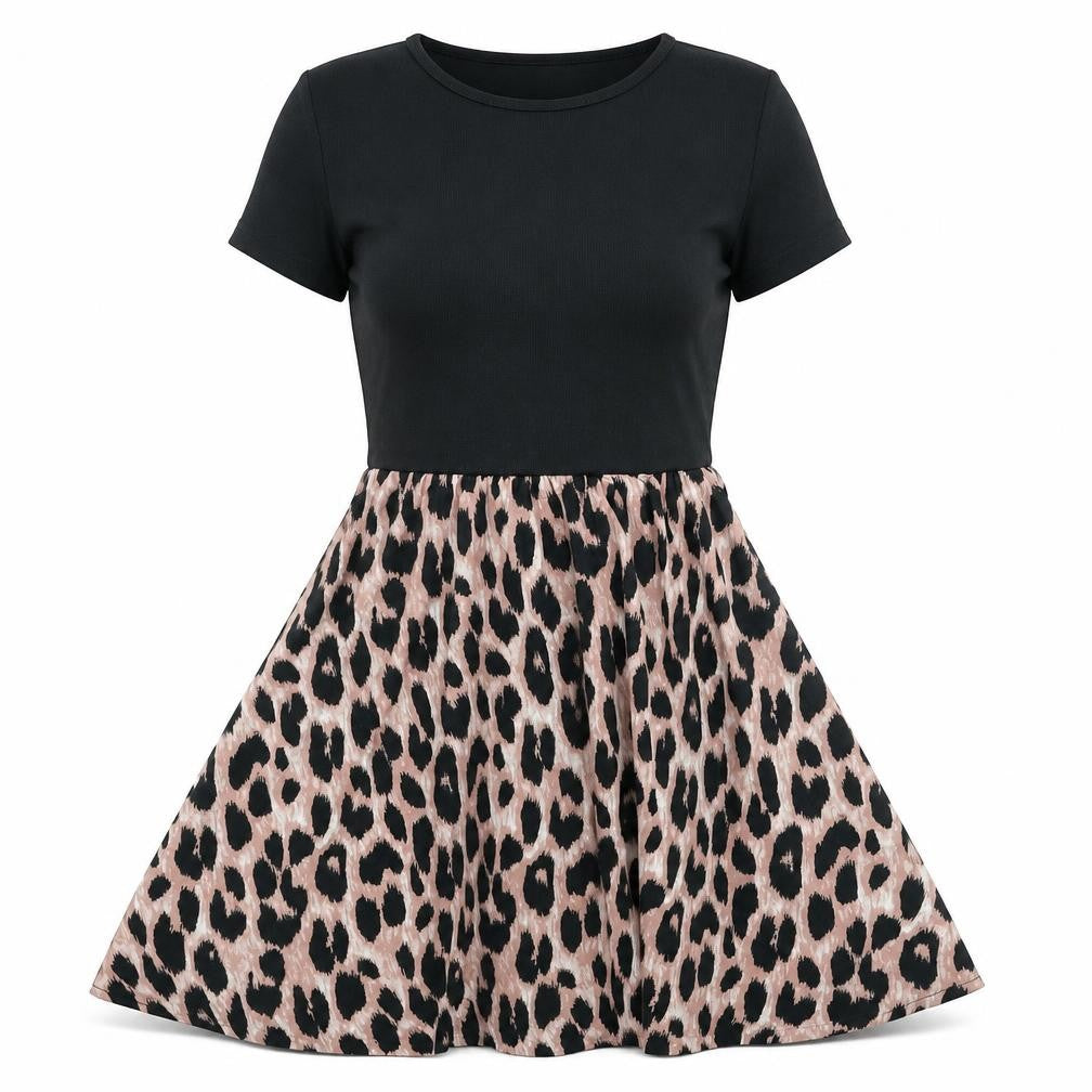 SheIn Womens Black Animal Print Polyester Skater Dress Size S Round Neck Pullover - Leopard Pattern
