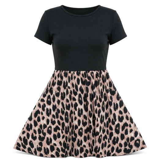 SHEIN Womens Black Animal Print Polyester Skater Dress Size S Round Neck Pullover - Leopard Pattern