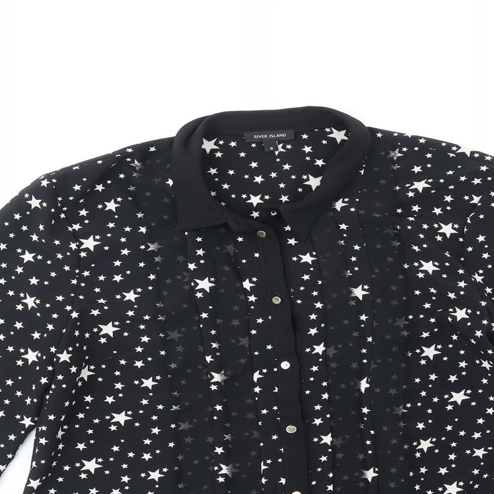 River Island Womens Black Geometric Polyester Basic Button-Up Size 8 Collared - Stars