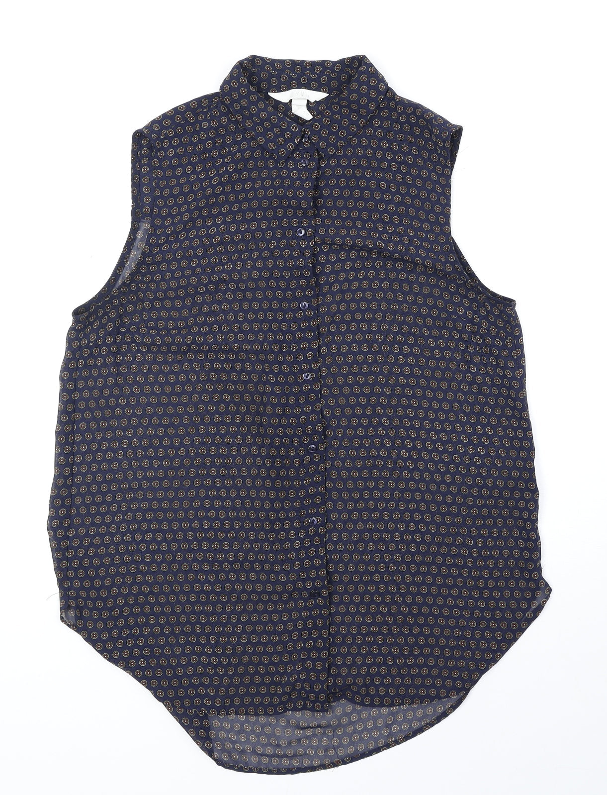 H&M Womens Blue Geometric Polyester Basic Button-Up Size 8 Collared