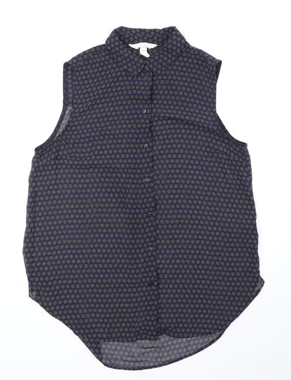 H&M Womens Blue Geometric Polyester Basic Button-Up Size 8 Collared