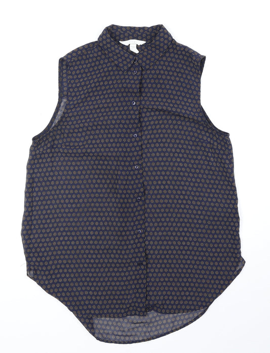 H&M Womens Blue Geometric Polyester Basic Button-Up Size 8 Collared
