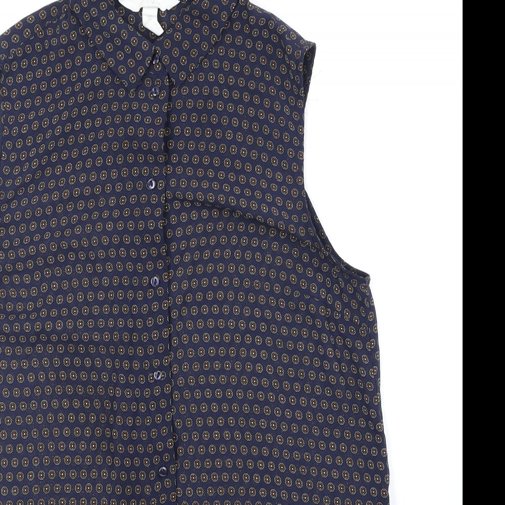 H&M Womens Blue Geometric Polyester Basic Button-Up Size 8 Collared