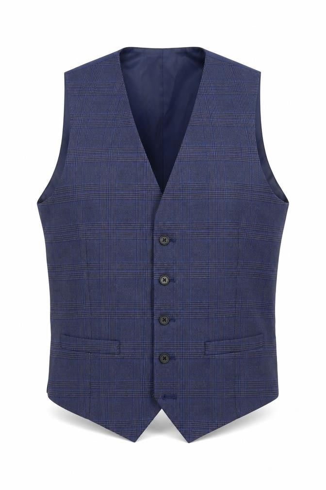 Marks & Spencer Mens Blue Plaid Polyester Jacket Suit Waistcoat Size S Regular