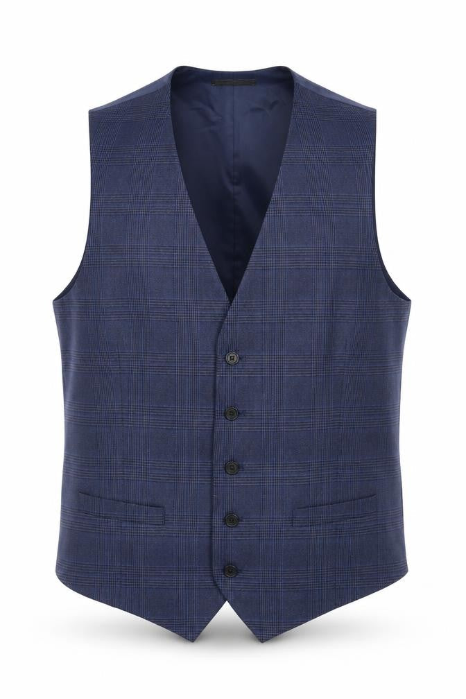 Marks & Spencer Mens Blue Plaid Polyester Jacket Suit Waistcoat Size L Regular