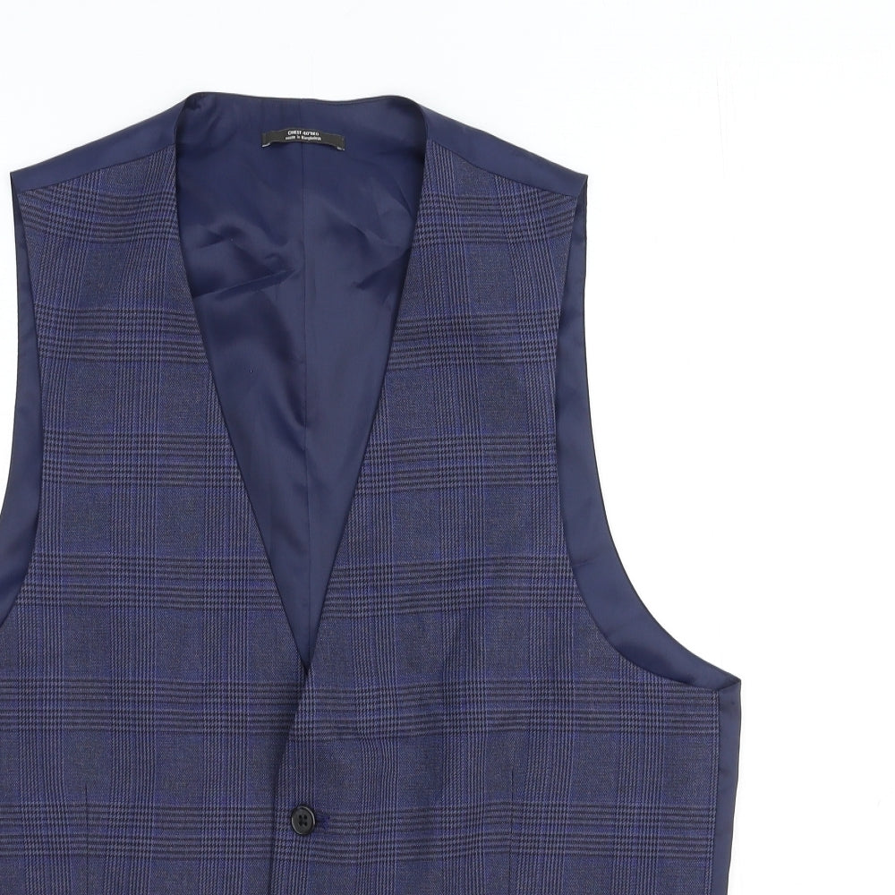 Marks and Spencer Mens Blue Plaid Polyester Jacket Suit Waistcoat Size L Regular