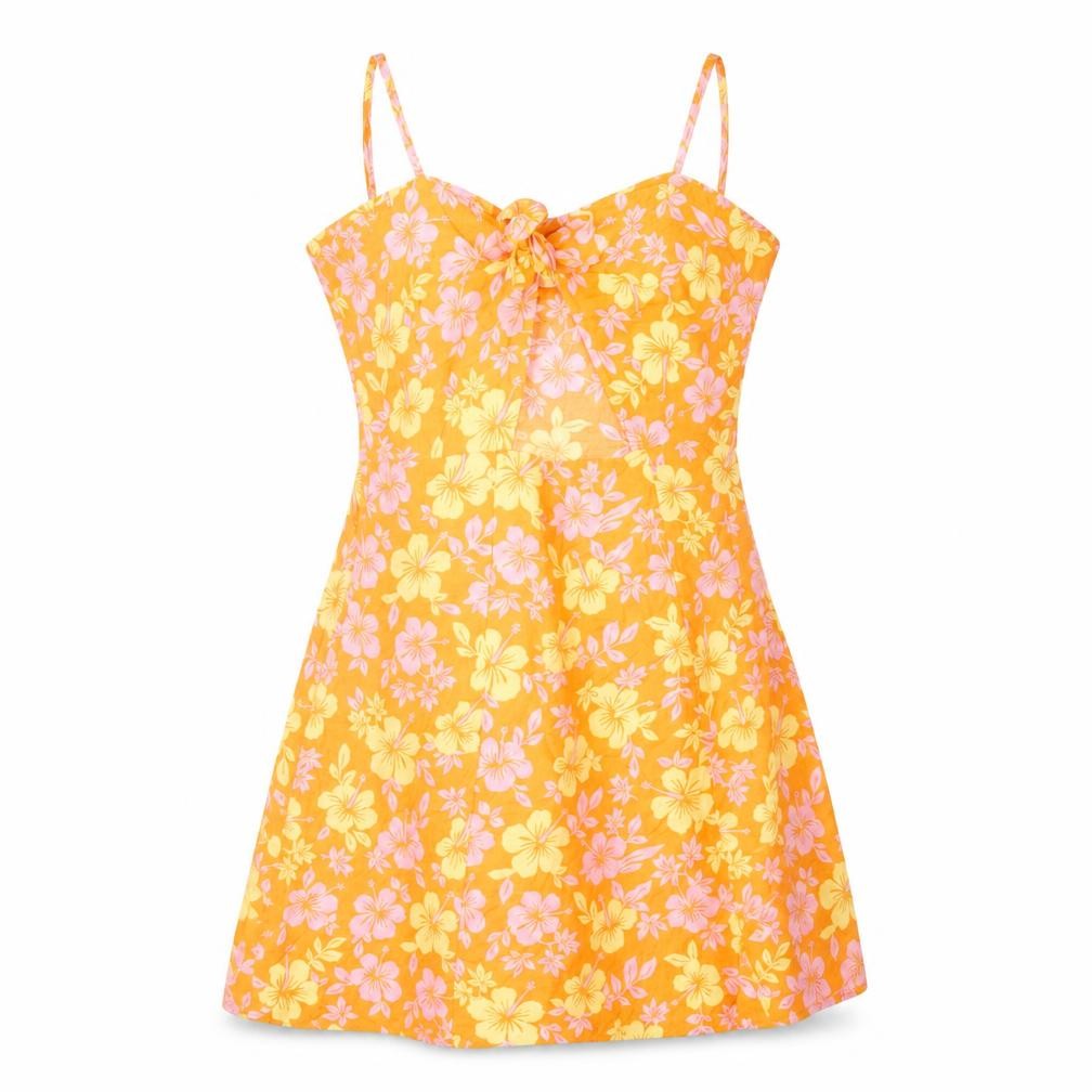 H&M Womens Orange Floral Viscose Mini Size 14 V-Neck Zip