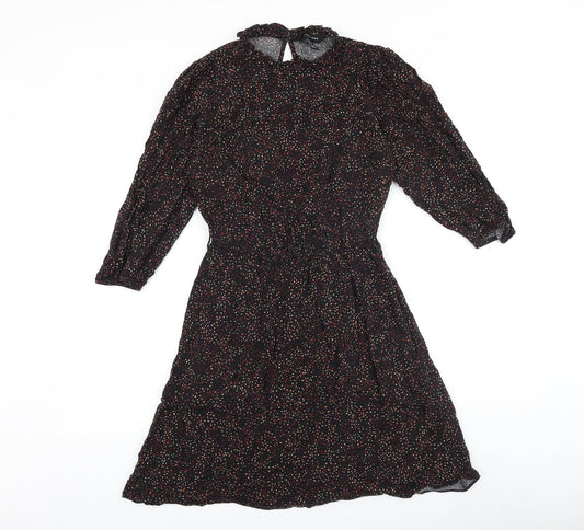New Look Womens Black Geometric Viscose Fit & Flare Size 10 Round Neck Button
