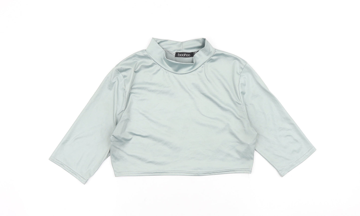 Boohoo Womens Green Polyester Cropped T-Shirt Size 10 Mock Neck