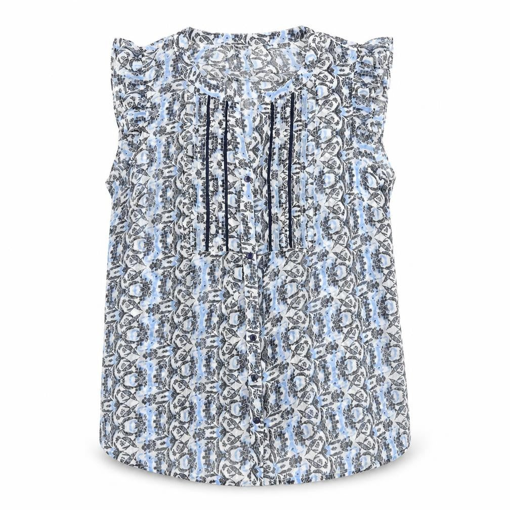 M&Co Womens Blue Geometric Polyester Basic Blouse Size 12 V-Neck