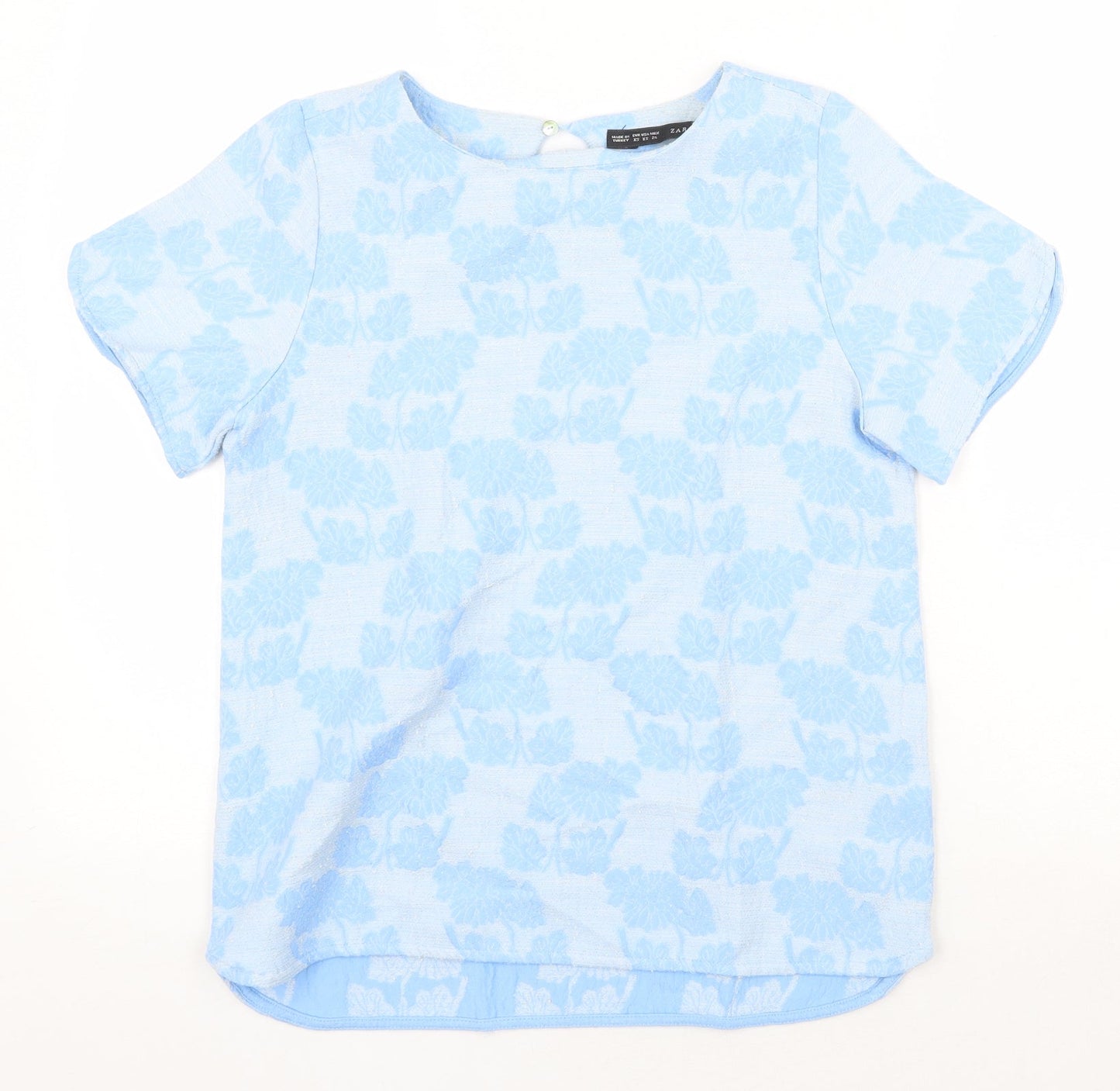 Zanzara Womens Blue Floral Cotton Basic T-Shirt Size XS Round Neck