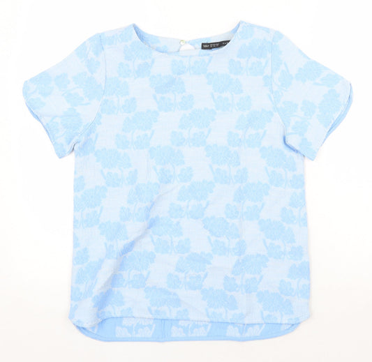 Zanzara Womens Blue Floral Cotton Basic T-Shirt Size XS Round Neck