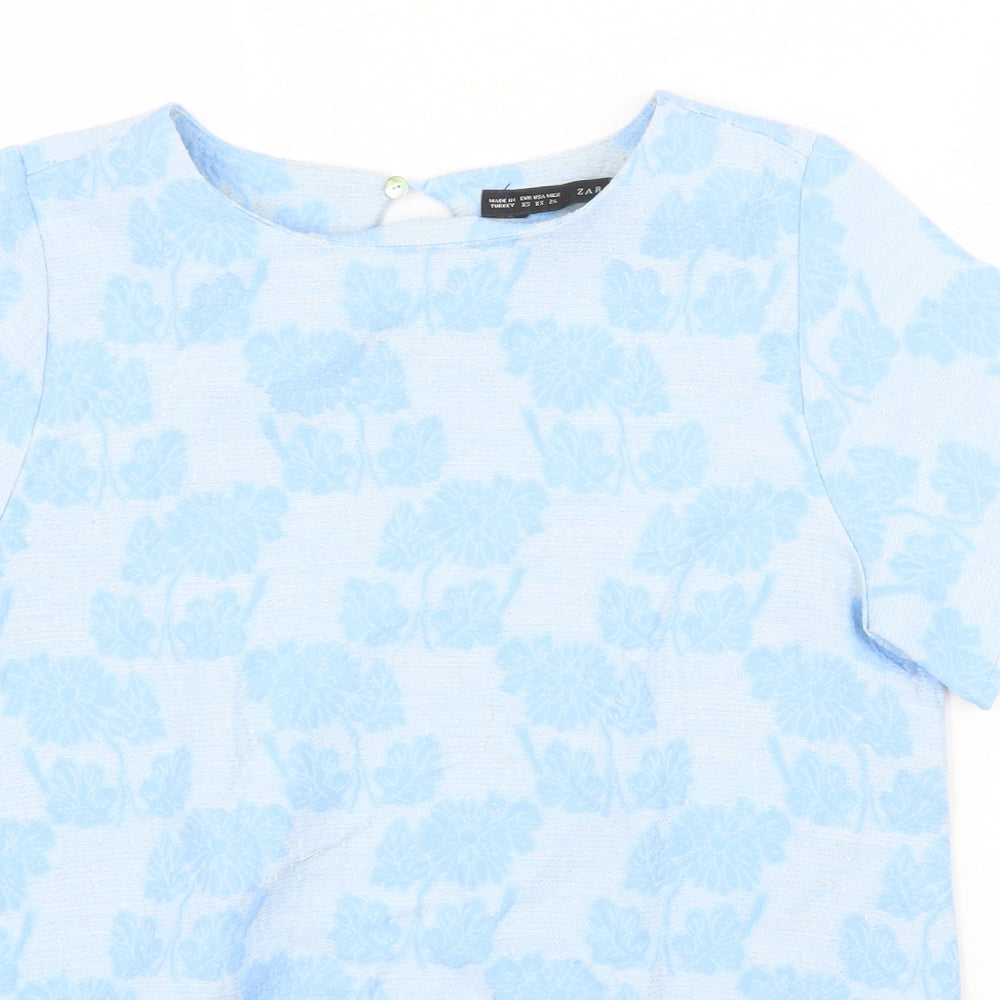 Zanzara Womens Blue Floral Cotton Basic T-Shirt Size XS Round Neck