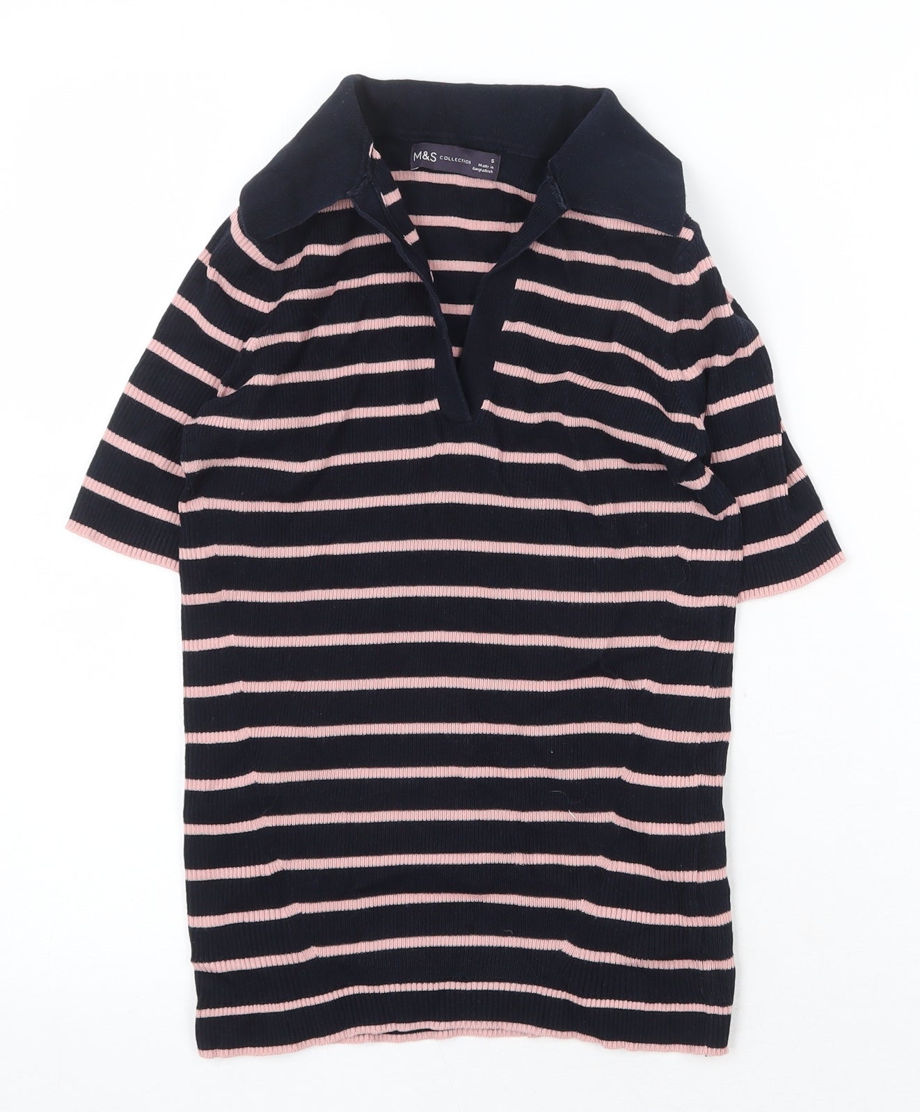 Marks and Spencer Womens Blue Striped Cotton Basic Polo Size S Collared