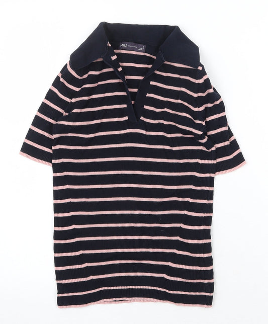 Marks and Spencer Womens Blue Striped Cotton Basic Polo Size S Collared