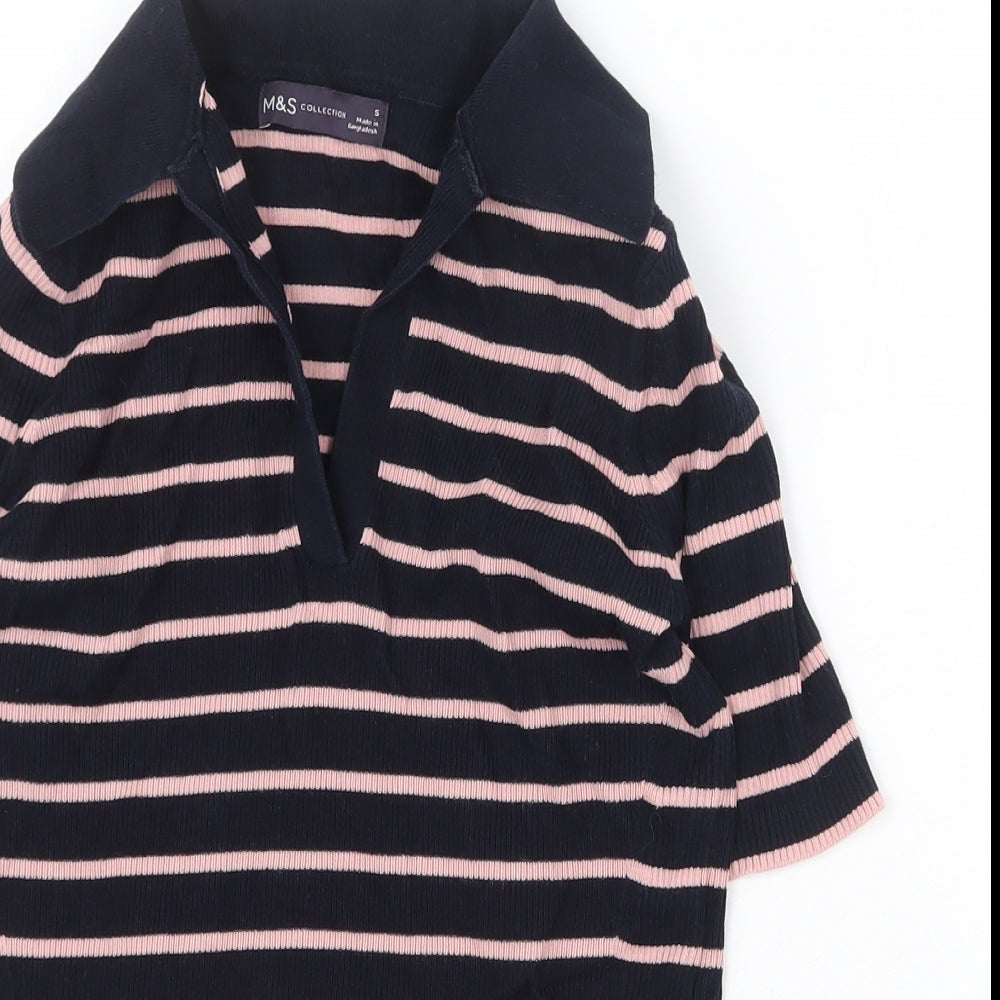 Marks and Spencer Womens Blue Striped Cotton Basic Polo Size S Collared