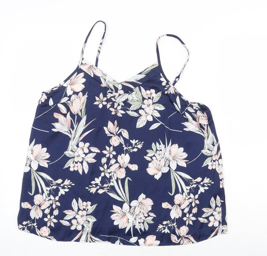 Love to Lounge Womens Blue Floral Polyester Basic Tank Size M V-Neck