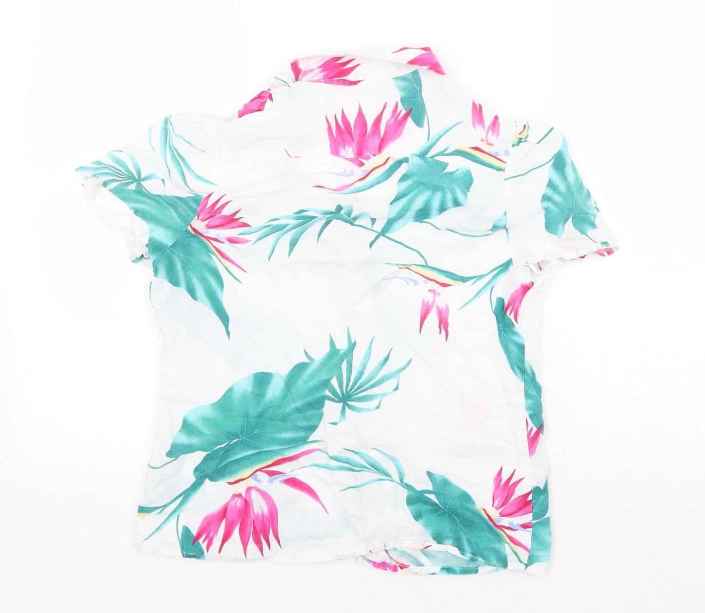 Preworn Womens White Geometric Polyester Basic Button-Up Size S Collared - Leaf Print