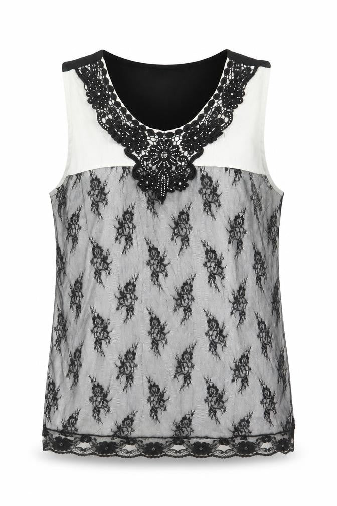 Internationale Womens Black Geometric Polyester Basic Tank Size 12 Scoop Neck - Lace Overlay