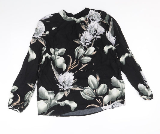 NU Womens Black Floral Viscose Basic Blouse Size L Mock Neck