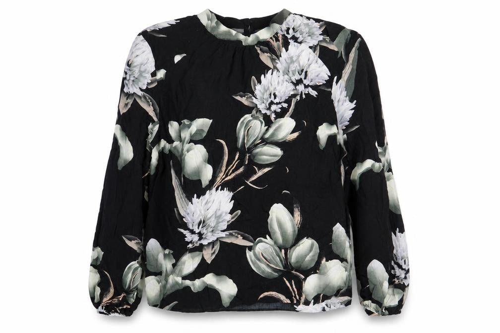 NU Womens Black Floral Viscose Basic Blouse Size L Mock Neck