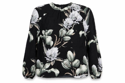 NU Womens Black Floral Viscose Basic Blouse Size L Mock Neck