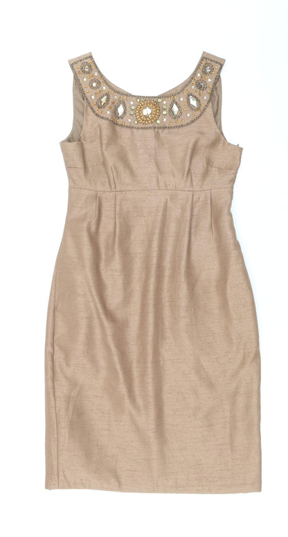 Next Womens Brown Polyester Sheath Size 8 Scoop Neck Zip