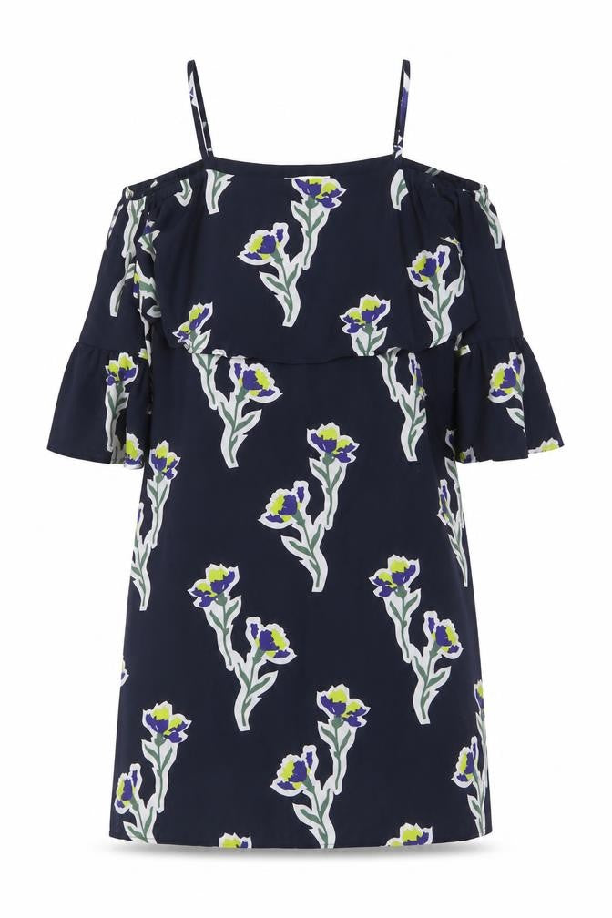 Warehouse Womens Blue Floral Polyester Shift Size 6 Off the Shoulder Zip
