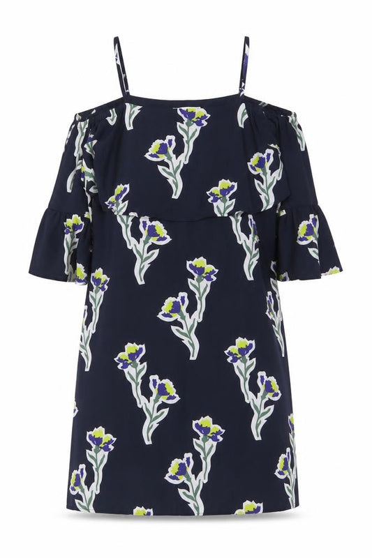 Warehouse Womens Blue Floral Polyester Shift Size 6 Off the Shoulder Zip