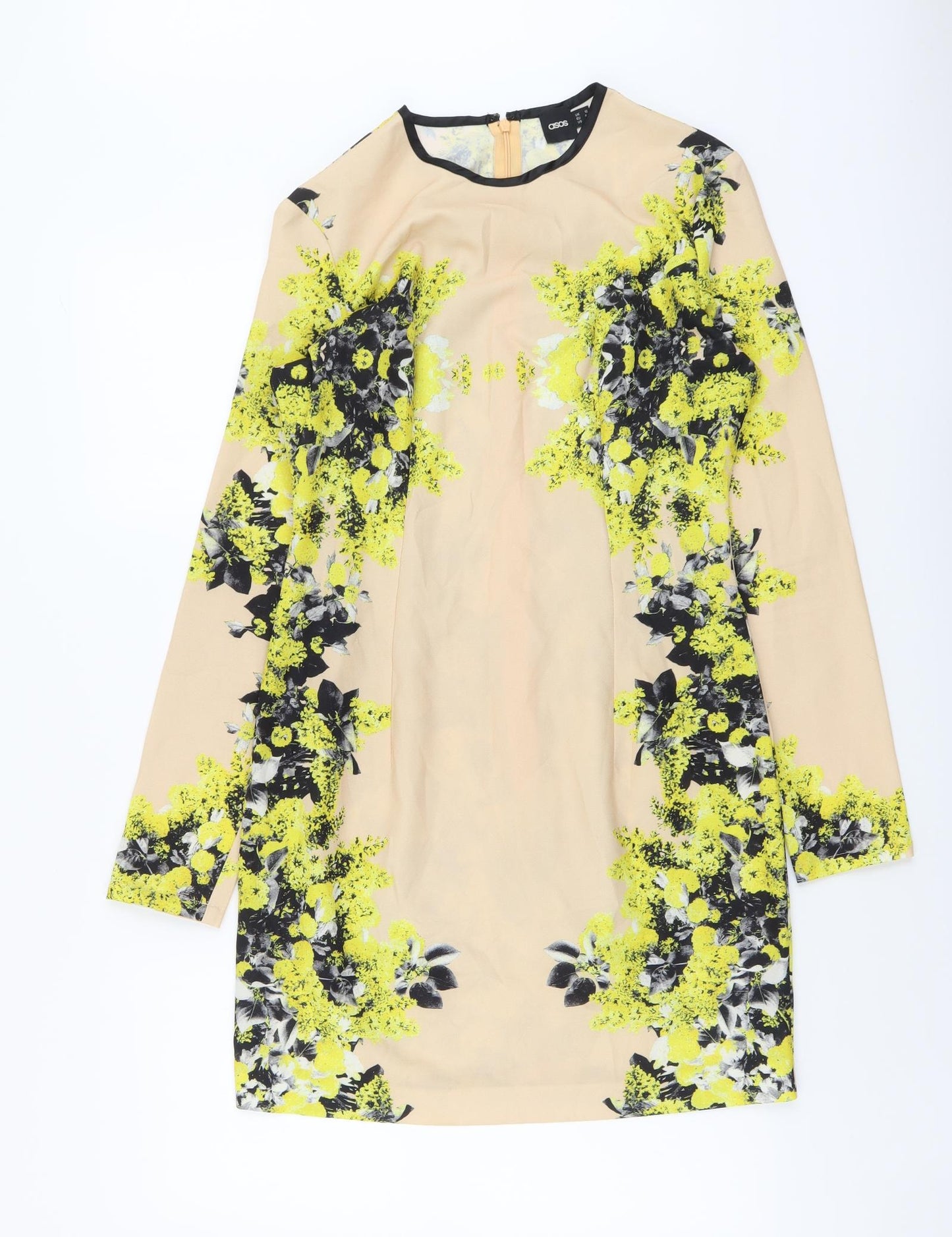 ASOS Womens Beige Floral Polyester A-Line Size 12 Round Neck Zip