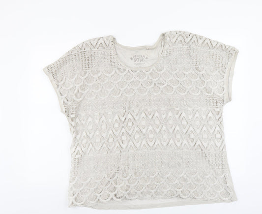 African Soul Womens Beige Geometric Cotton Basic T-Shirt Size XL Round Neck - Lace Detail