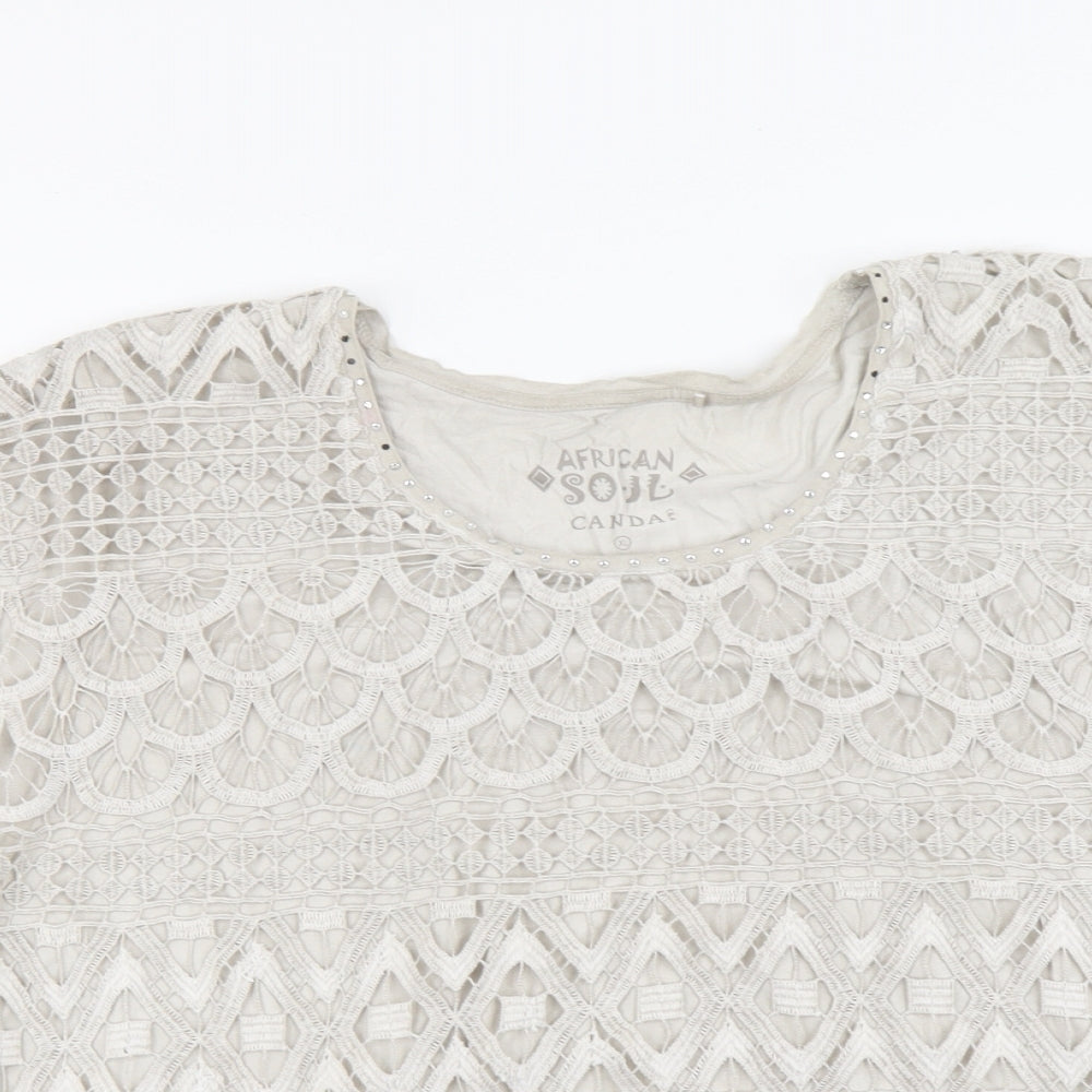 African Soul Womens Beige Geometric Cotton Basic T-Shirt Size XL Round Neck - Lace Detail