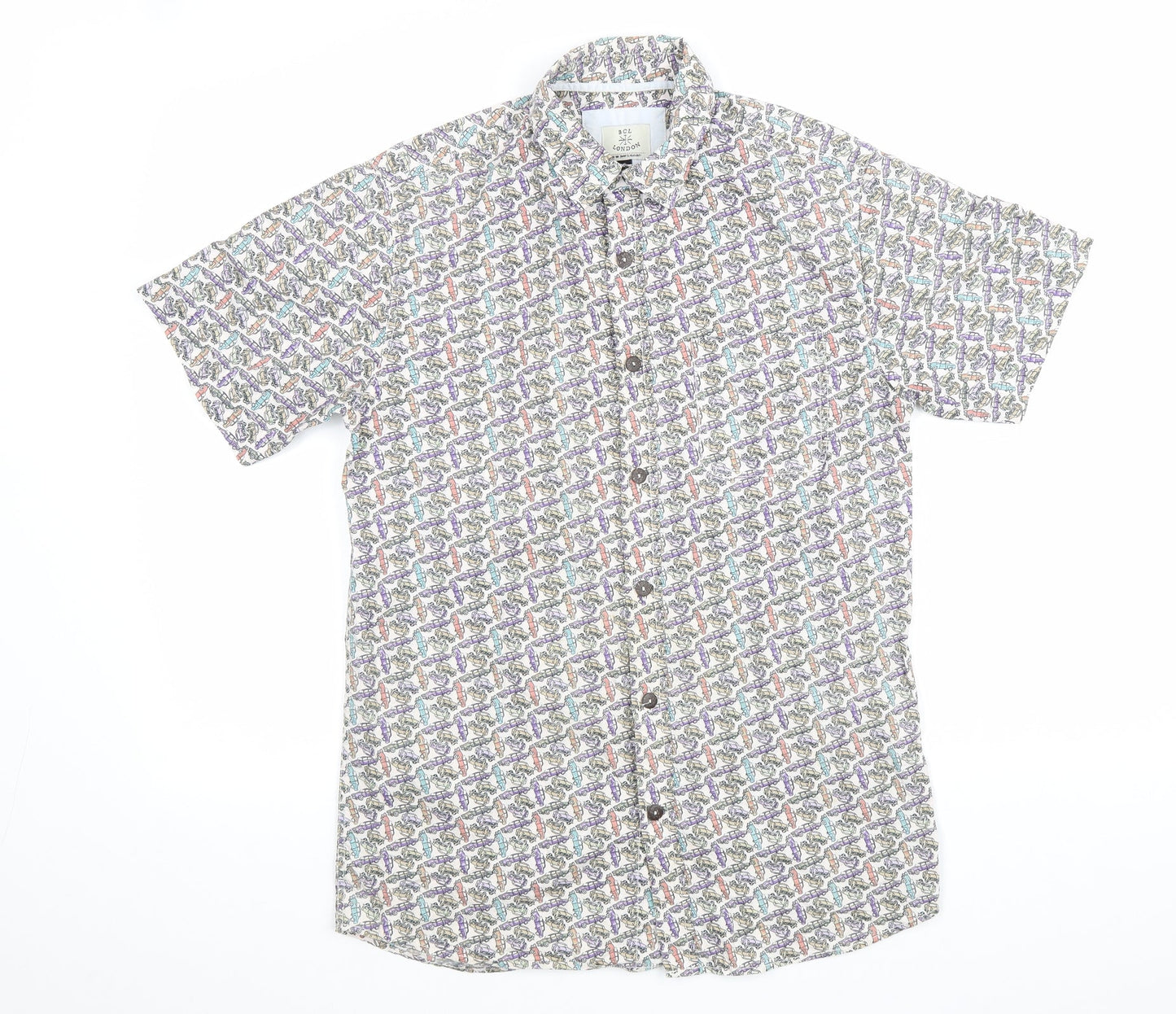 BCL London Mens White Geometric Cotton Button-Up Size S Collared Button - Car Print