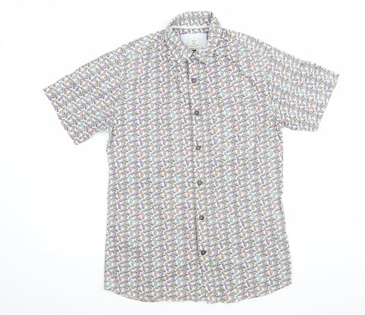 BCL London Mens White Geometric Cotton Button-Up Size S Collared Button - Car Print