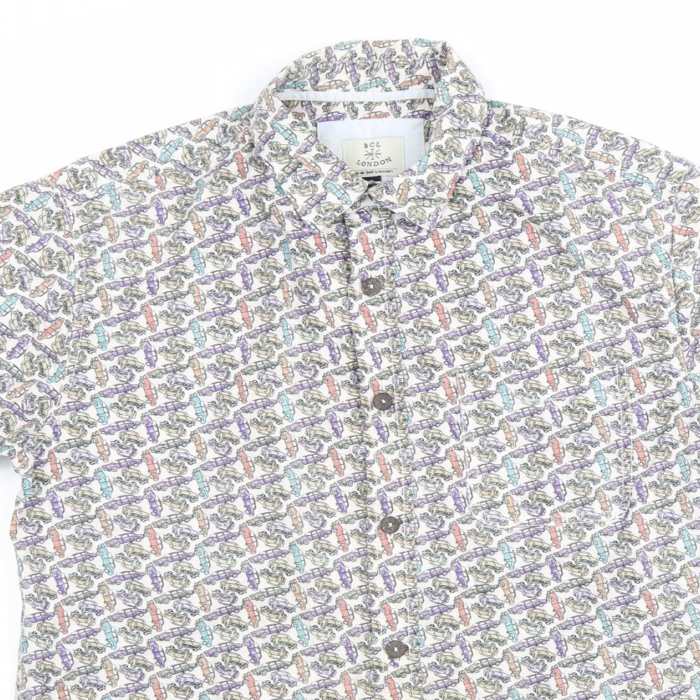 BCL London Mens White Geometric Cotton Button-Up Size S Collared Button - Car Print