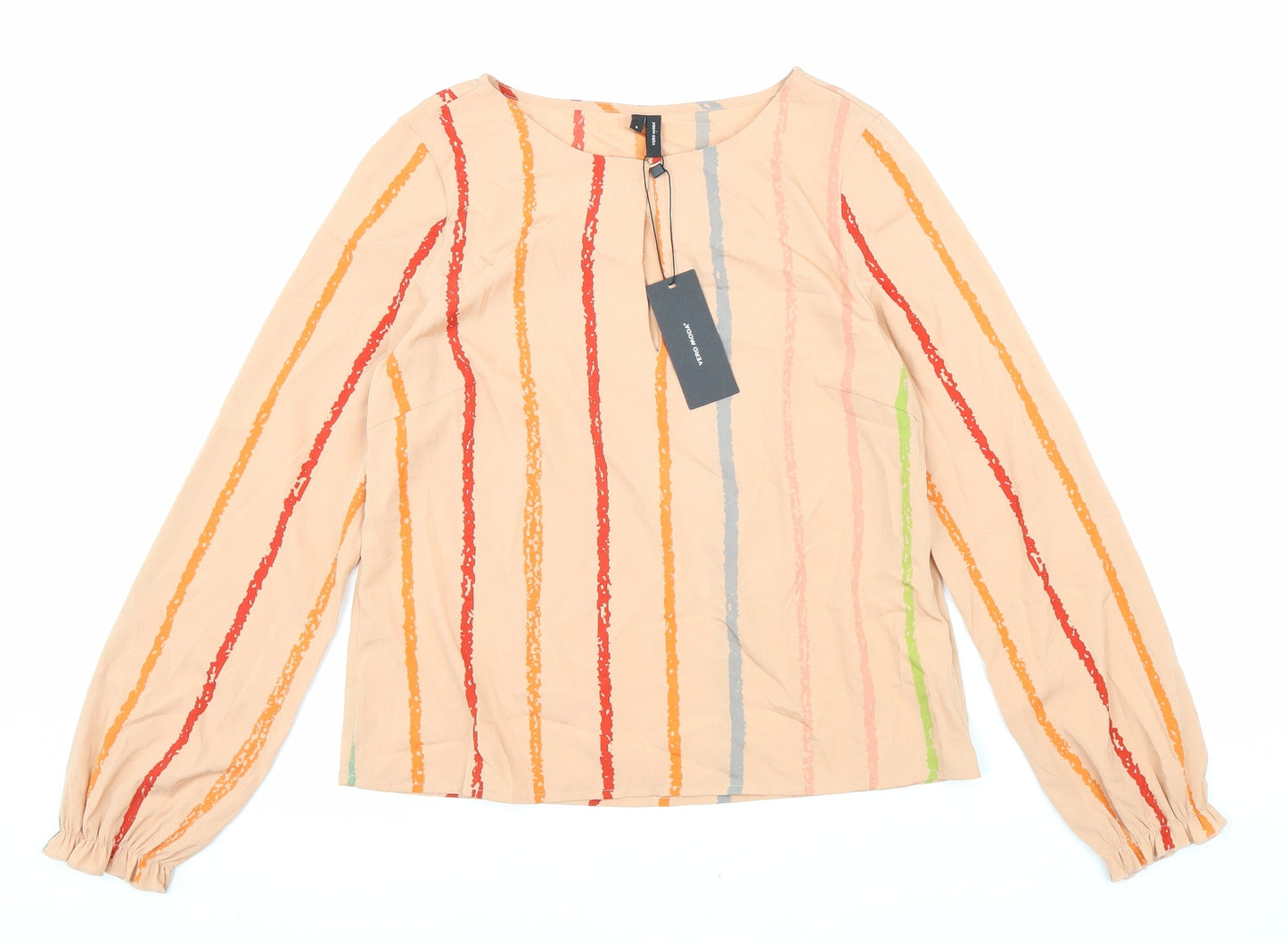 VERO MODA Womens Beige Striped Polyester Basic Blouse Size S Round Neck